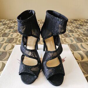 Jessica Simpson Elinn Heels - Black Lace with Black Rhinestones with Back Zipper